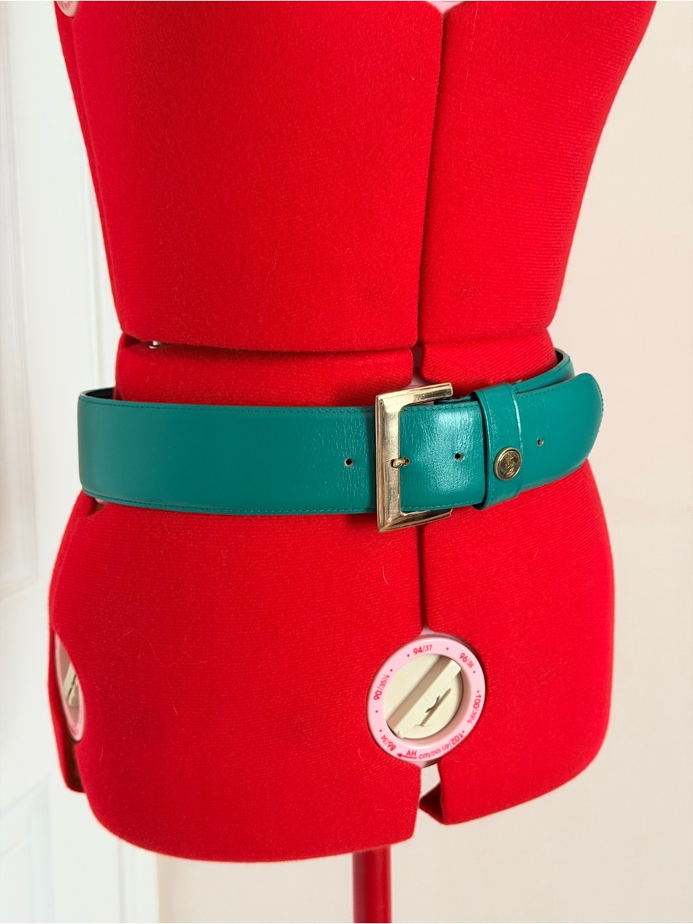 RARE Vintage Emerald Green Leather Club 7 Echo Belt Gold Anchor Buckle M-S 36.5”